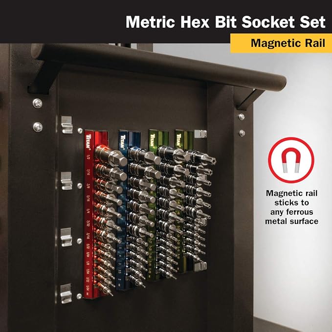 Titan 16124 13-Piece Metric Hex Bit Socket Set, Magnetic Socket Organizer with Laser-Etched Size Markings