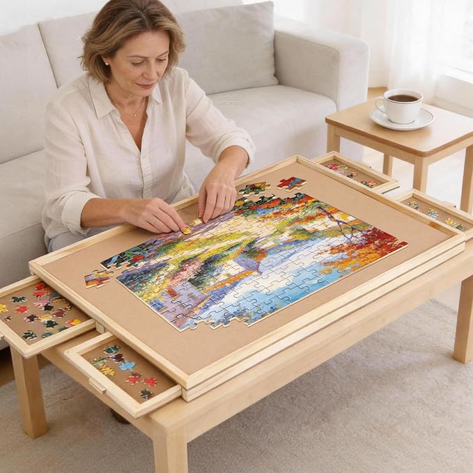 BuilderButler 1000 Pieces Rotating Puzzle Board with 4 Drawers,28.74"x20.94" Portable Wooden Jigsaw Puzzle Table with Lazy Susan Spinning Cover for Adults