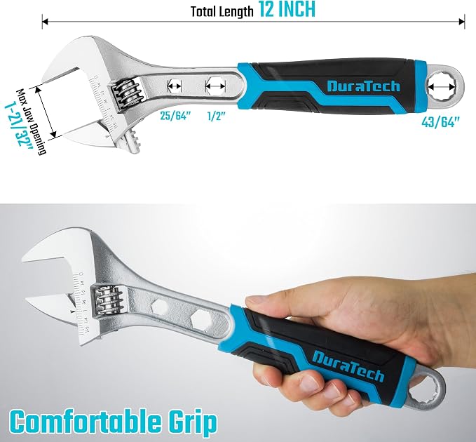 DURATECH 12 Inch Adjustable Wrench, 3-in-1 Spanner | Box End, Hex Function, CR-V Steel, Metric & SAE Scales, Chrome-plated, Bi-material Soft Grip