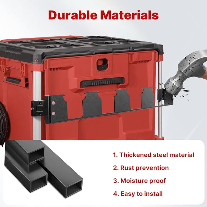 4-Slot Battery Holder Compatible with Milwaukee M18 Battery | Side Mount Storage with Rail Clips, Battery Secure Storage & Easy Access, Fits Packout Toolbox Organizer System