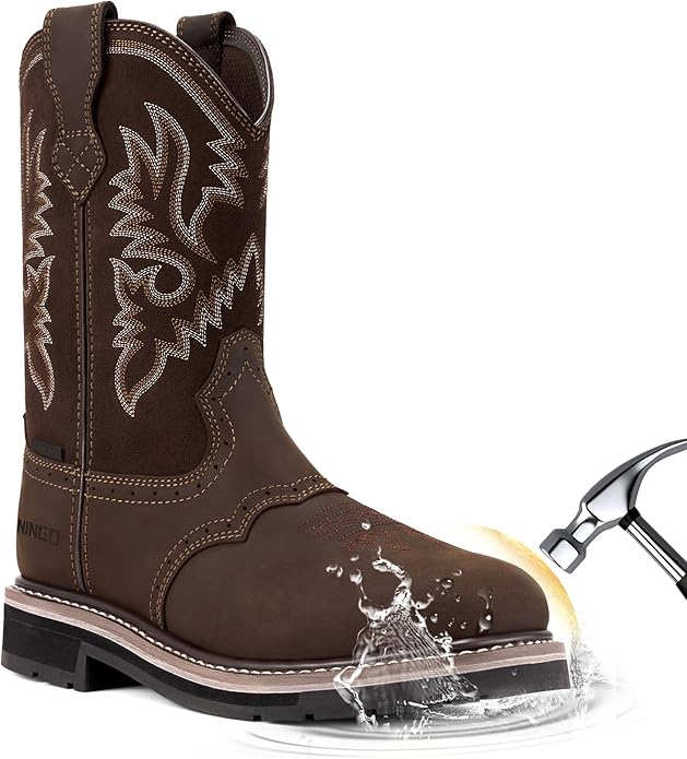 HISEA NINGO Steel Toe Work Boots for Men, Waterproof Square Toe Cowboy Boots Slip on, Comfortable Soft Toe Pull on Western Safety Work Shoes for Construction Industrial Working Welding Riding, Brown