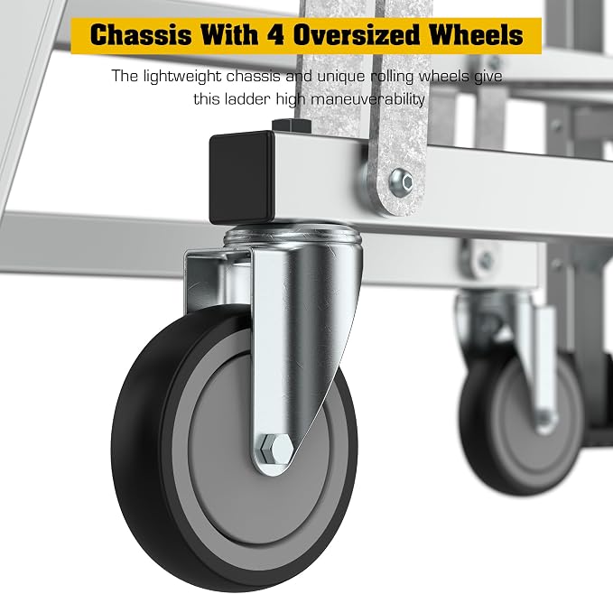 5 Step Rolling Platform Ladder Industrial Rolling Ladder with Wheels Non-Slip Aluminum Scaffolding Platform Stairs for Warehouse, Garage, 20"×24" Platform, 375lbs Capacity