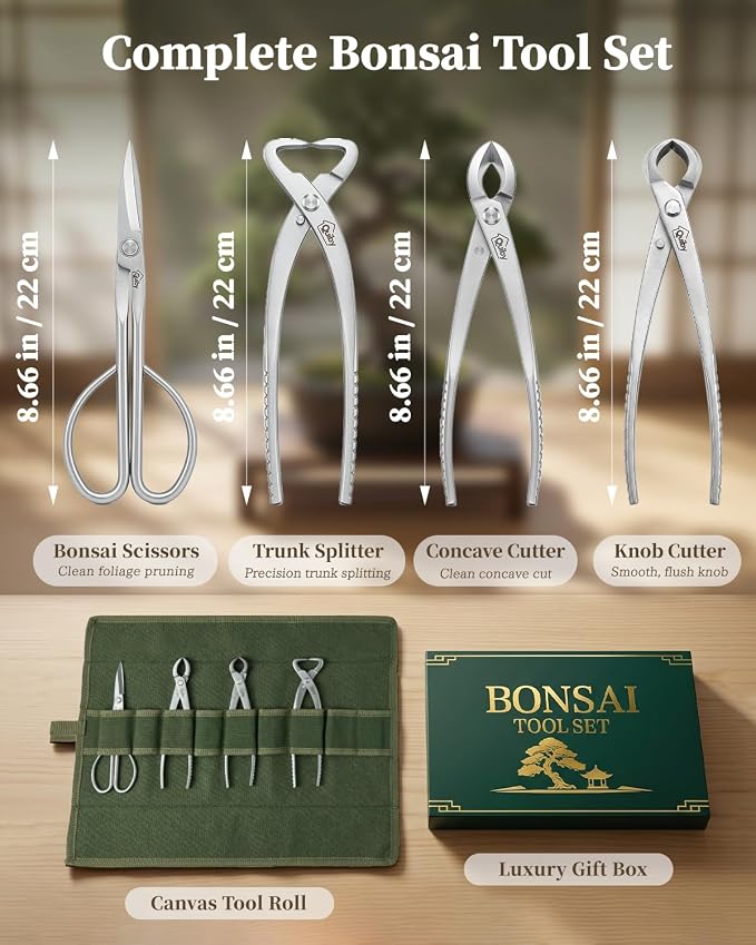 4-Piece Bonsai Tools Set, Professional Stainless Steel Bonsai Tree Kit – Include Concave Cutter, Knob Cutter, Trunk Splitter, Bonsai Scissors, Bonsai Starter Kit with Tool Roll Bag and Gift Box