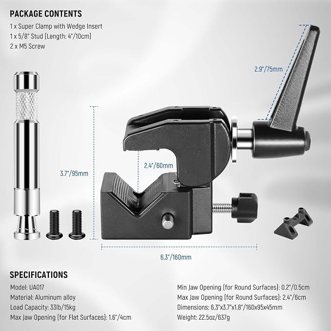 NEEWER Super Clamp with 5/8" Stud, Spring Lock, 2.4"/6cm Jaw Grip Heavy Duty Crab Pole Clamp for Round Pipe Flat Surface, for Photography Studio Camera & Lighting Mounting, Max Load 33lb/15kg, UA017