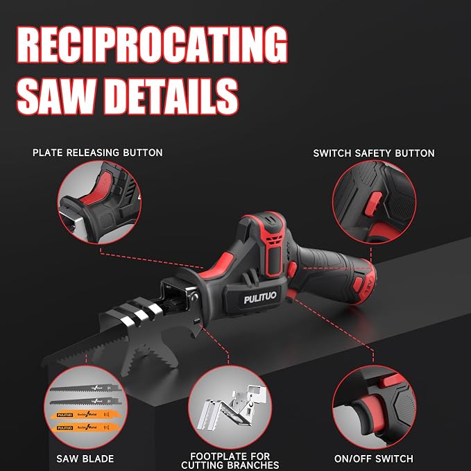 PULITUO Cordless Reciprocating Saw, Speed 3000SPM，with Clamping Jaw, 2000 mAh Battery/ 1-Hour Fast Charge,Safety Gloves& Goggles, 4Pcs of Saw Blades for Wood/Metal/PVC