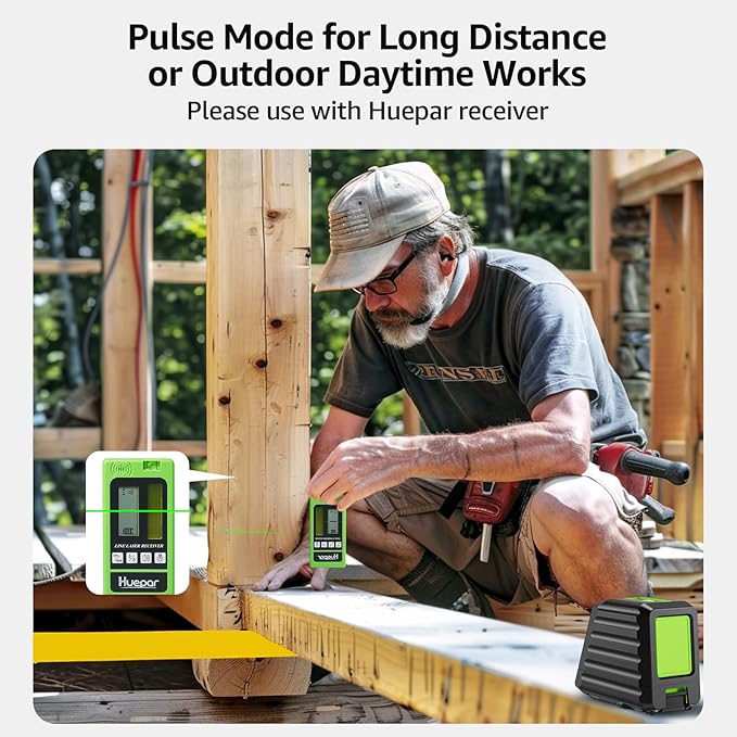 Laser Level Self Leveling, Huepar Box-1G 150Ft Green Cross Line Laser for Picture Hanging, Tile, Decoration & DIY Construction – 360° Magnetic Base & AA Battery, Outdoor Use Pulse Mode with Receiver