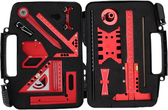 Woodworking Ruler Set, 9Pcs Aluminum Alloy Geometry Set Precision Measuring Tools for Accurate Layout Includes T Square Ruler, Compasses, Protractor, and Dovetail with