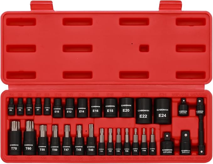 CASOMAN 32-Piece Torx Bit Socket and Female External Socket Set, 14 Star Bits (T8- T70) and 13 Female E-Torx Sockets (E4-E24), Include 5 Impact Socket Adapter