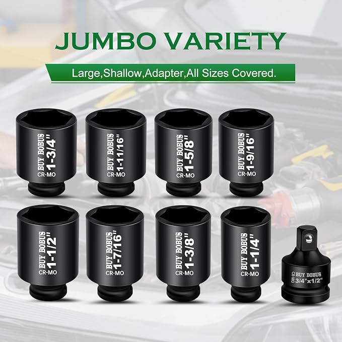 1/2" Drive Impact Socket Set, 9-Piece Standard SAE Deep Axle Nut Sockets, 6-Point, Cr-Mo,1-1/4，1-3/8，1-7/16，1-1/2，1-9/16，1-5/8，1-11/16，1-3/4, Impact Socket Adapter (3/4" x 1/2")