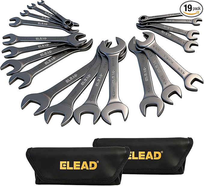 ELEAD 19-Piece Super-Thin Open End Wrench Set, Metric 5.5–27 mm & SAE 1/4"-1-1/16", CR-V Nickel Plated, 3 mm Thickness Ultra-Slim Wrench Set for Tight Spaces, Durable Roll-Up Pouch for Mechanics