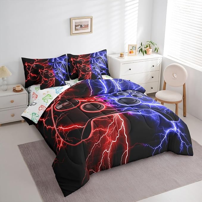 Erosebridal Gaming Comforter Set 7-Piece Bed in a Bag Twin, Gamer Bedding Sets Video Game Consoles Comforter and Sheet Set, Red Blue Lightning Room Decor,Gaming Decor for Boys Bedroom