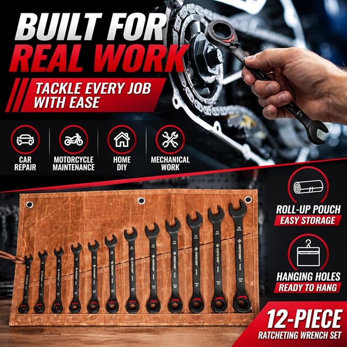 ironcube Reversible Ratcheting Wrench Set: 12-Piece Metric 8-19mm - Tough Black - Wax Canvas Storage Bag - Automotive and Motorcycle Repair Tools