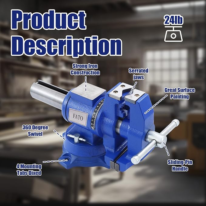 FATO 5” 360° Ductile Iron Bench Vise, 8800LB Force Blue