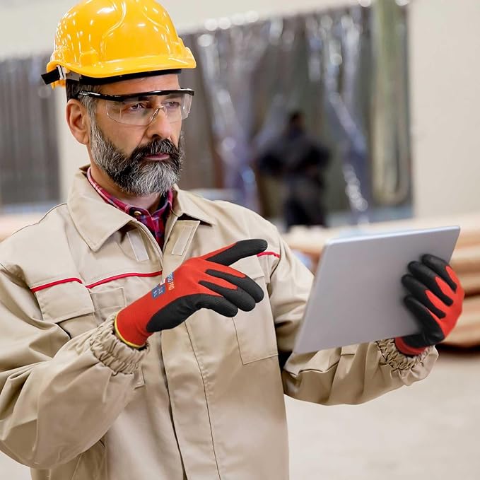 KAYGO Work Gloves PU Coated for Men and Women, 12 Pairs Safety Work Gloves with Two Fingers Touchscreen, Breathable and Lightweight,Ideal for Light Warehouse, Manufacturing, Gardening, KG11P (M, Red)