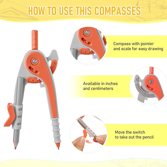 Chengu 6 Set Compass and Protractor Set, Operation Christmas Items Bulk Multicolor Compass Geometry Tool 6 Inch 180 Degree, Math Graphing Drawing Tools for Office and School Supplies