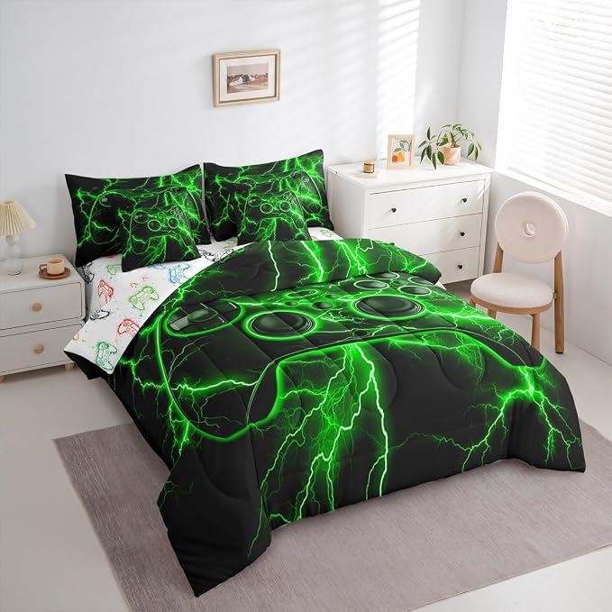 Gamer King Size Comforter Set with Sheets, Gaming 7-Piece Bedding Set Video Game Console Bed in a Bag, Green Lightning Room Decor,Boys Bedroom Decor