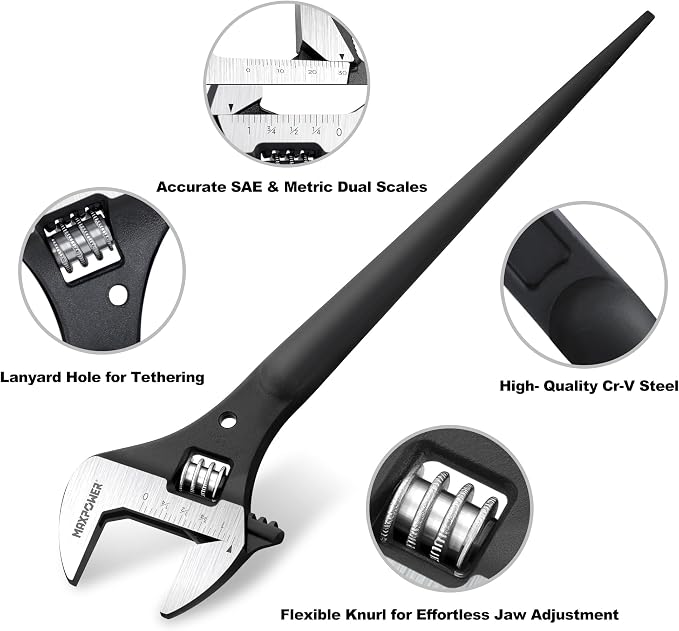 MAXPOWER 16" 4-in-1 & 10" Construction Spud Wrench Set, Tether Hole, Cr-V | 16" Multi-Purpose Design ( Striking, Gripping, Aligning & Prying ), Tether-Ready Design, Smooth Jaw Adjustment, Easy Storage