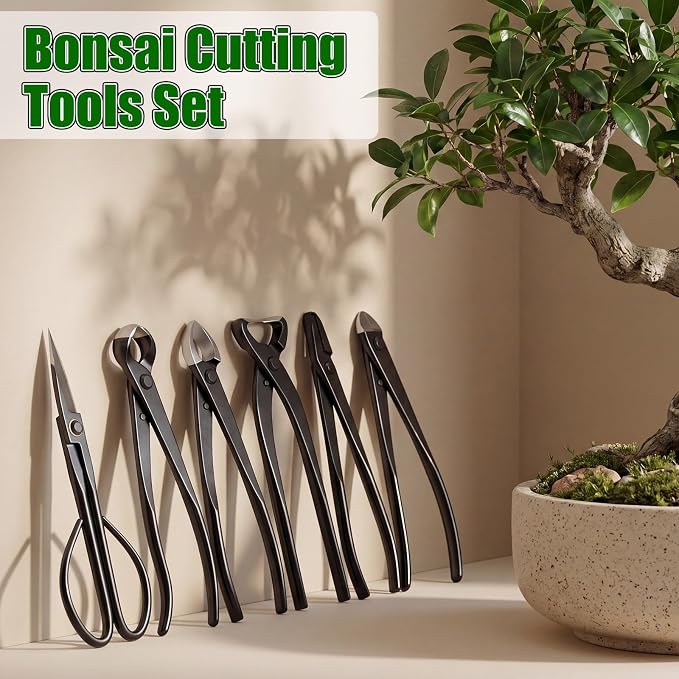 7-piece Bonsai Pruning Tool with Bag, Includes Knob, Concave, Root Cutter, Leaf Bud Scissors, Wire Cutter, Pliers and Tool Bag for Gardening, Horticulture Pruning and Care
