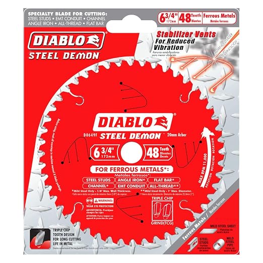 Diablo Steel Demon Saw Blade for Medium Metal - 6-3/4" Diameter, 48 TCG Teeth, 20mm Arbor, .071" Kerf, 2° Hook Angle, .051" Plate, 11000 Max RPM - D0649F