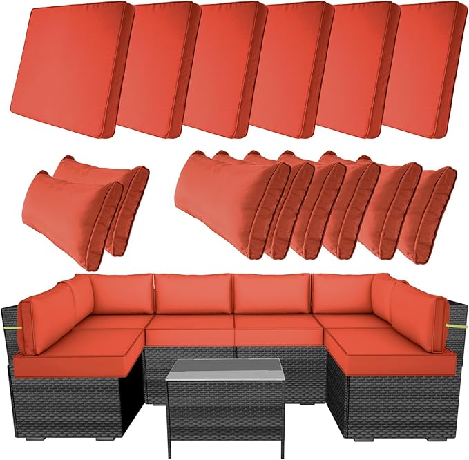 14 Piece Outdoor Furniture Replacement Cushions, Cover+Filling, 25.6" x 25.6" x 4" Foam Waterproof Outdoor Sofa Cushion Sets, Fit Wicker Rattan Sectional Conversation Set,Brick Red