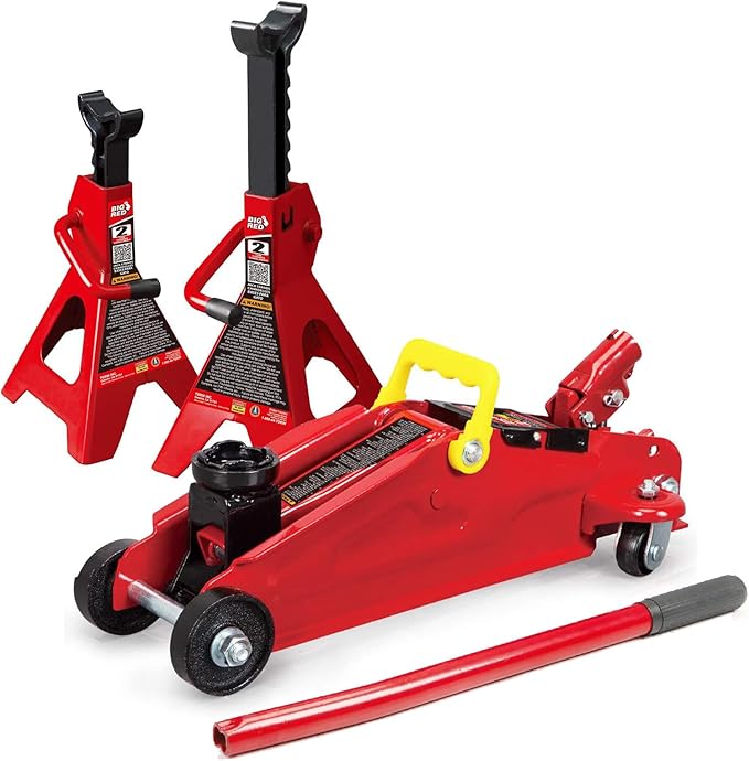 Big RED Torin Low Profile Floor Jack: Hydraulic Trolley Floor Jack Combo with 2 Jack Stands, 2 Ton (4000 lb.) Capacity