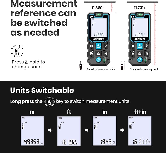 ACEGMET Laser Measure, 229ft/70m Laser Measurement Tool, S9 Room Laser Measuring Tool with 2 Bubble Levels, LCD Backlit Display, IP54 Waterproof, Pythagorean Mode for Distance, Area, Volume