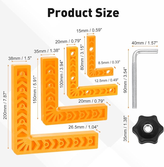 HARFINGTON 4Pcs Corner Clamp 90 Degree 3/4/6/8" Right Angle Clamp Set for Woodworking, ABS Plastic Positioning Square Tool for Picture Frame Box Cabinets Drawers, Yellow