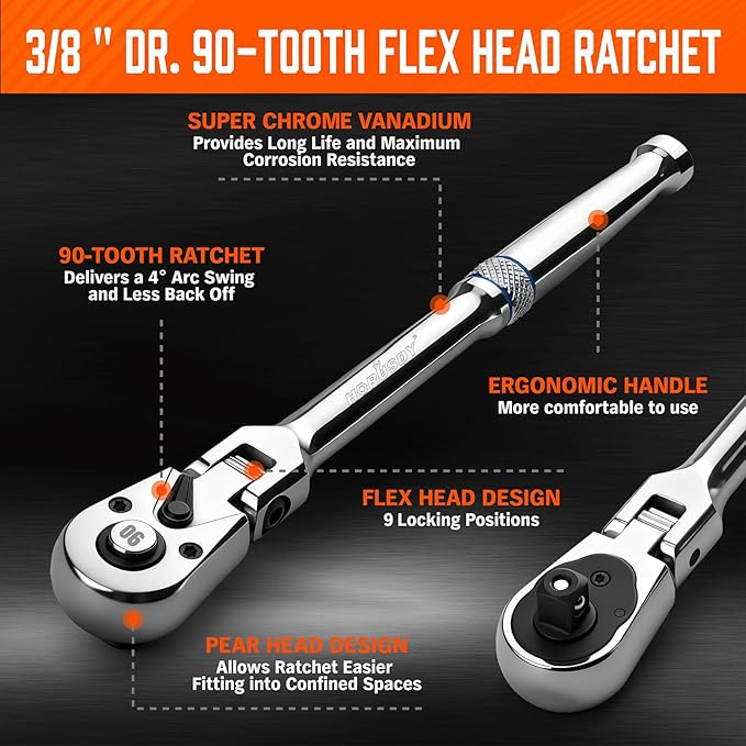 HORUSDY 3/8" Drive 90-Tooth Flex Head Ratchet Handle, 180° Adjustable CR-V Ratchet with Quick Release & Reversible Switch, 4° Swing Arc Socket Wrench for Automotive, Bike & DIY Repair