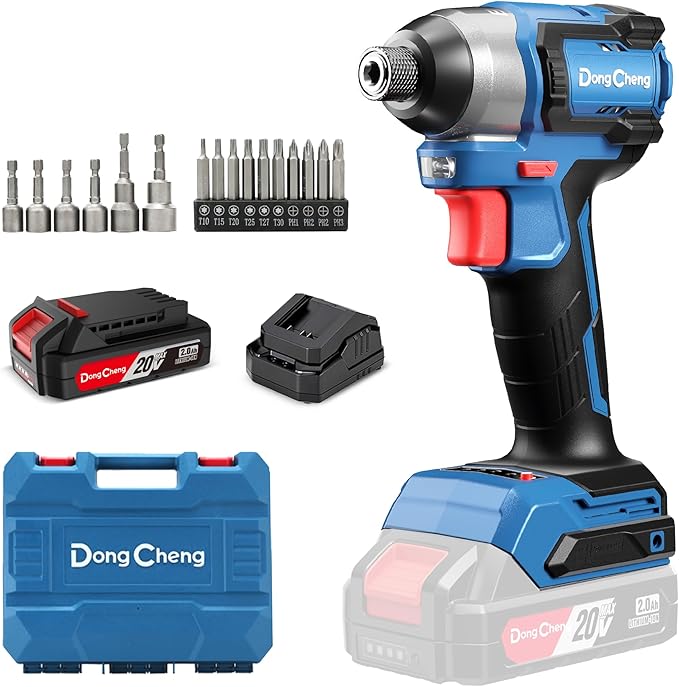 Dong Cheng 20V 1/4" Hex Brushless Impact Driver, 1460 in-lbs Cordless Impact Driver with 2.0Ah Batteries, 3-Speed, 4.9" Compact Impact Driver for Cabinetry, Deck Building & HVAC Installation