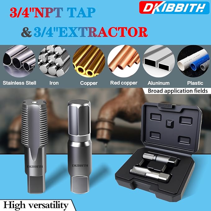 DKIBBITH 2-Piece Pipe Extractor and NPT Tap Set 1/2" - Heavy Duty Carbon Steel Tools for Removing Broken Threaded Pipes & Cutting Accurate NPT Threads - Plumbers Mechanics DIY with Storage Case.