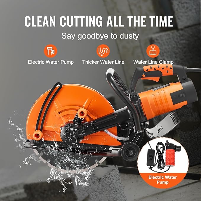 VEVOR Electric Concrete Saw, 14 in, 2600 W Motor Circular Saw Cutter with Max. 6 in Adjustable Cutting Depth, Wet Disk Cutter Includes Water Line, Pump and Blade, for Stone, Brick