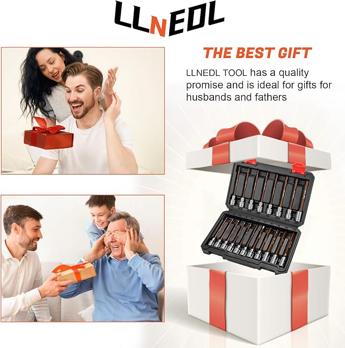 LLNEDL 3/8 Inch Drive Long Allen Hex Bit Socket Set, 19-Piece Hex Head Standard SAE & Metric Sockets (1/8"-3/8", 3-12mm), S2 Alloy Steel Durable Tools for Mechanics