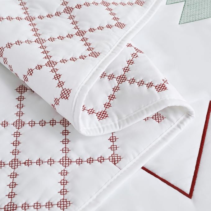Cmfshape Christmas Embroidery Quilt Set,3 Pieces Queen Size Xmas Tree Reindeer Pattern Bedding Set,Reversible Christmas Bedspread Coverlet,Holiday Bedding(92"x96")