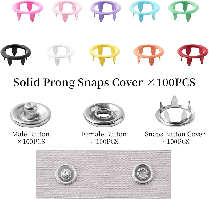 DEVPSISR 100 Sets Metal Snaps Buttons with Fastener Pliers Press Tool Kit Perfect for DIY Crafts Clothing Sewing, 9.5mm Snap Button Fasteners Kit（Color Hollow）
