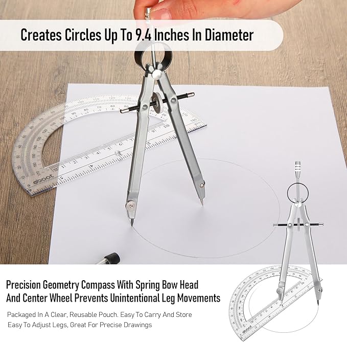 EBOOT Student Geometry Math Set, Metal Drawing Compass and 6 Inch Clear Swing Arm Protractors 180 Degree Math Protractor(Silver)