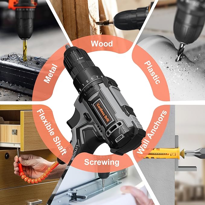 Cordless Drill Set, VIWKO 20V Power Drill with Power Pack 2.0Ah and Charger, 3/8-Inch Keyless Chuck Electric drill, 25+1 Position, 42pcs Drilldriver Bits/Screws for DIY Projects (Black Grey)