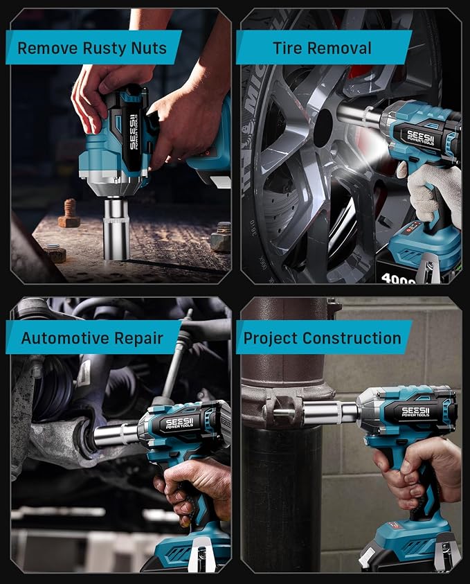 Seesii 3/8" Cordless Impact Wrench, Power Impact Gun w/Max Torque 330Ft-lbs(450N.m), 4.0Ah Rechargable Battery & 4 Sockets, Compact Power Impact Wrench for Lightduty Work Car Home,WH450