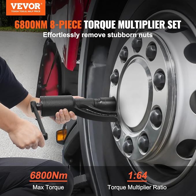 VEVOR Torque Multiplier, 1 Inch Drive Lug Nut Wrench/Multiplier Heavy Duty Torque Multiplier Wrench Set, 1:64 6,800N.m Lug Nut Remover, Includes 8 Sockets (24-38mm) and Storage Case