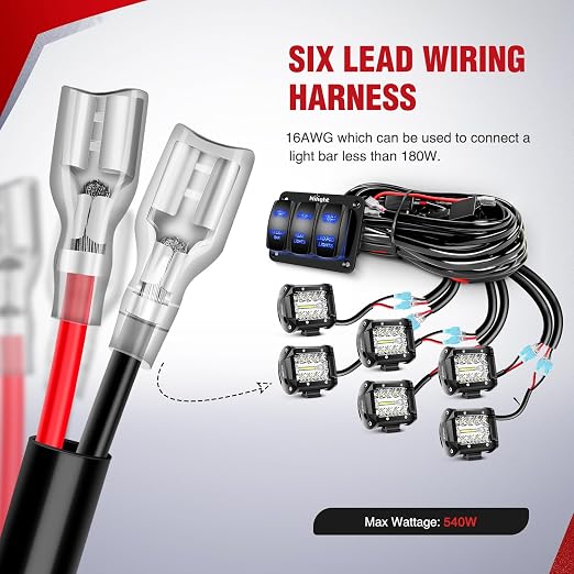 Nilight 16AWG LED Light Bar Wiring Harness Kit 12V On/Off 3 Gang Laser Etched LED Pod Lights Rocker Switch Panel Power Relay Fuse 5Pin Toggle Switch for Cars Boat ATV Trucks-4 Leads, 2 Years Warranty | 12V On/Off 3 Gang Laser Etched Pod Lights Rocker S...