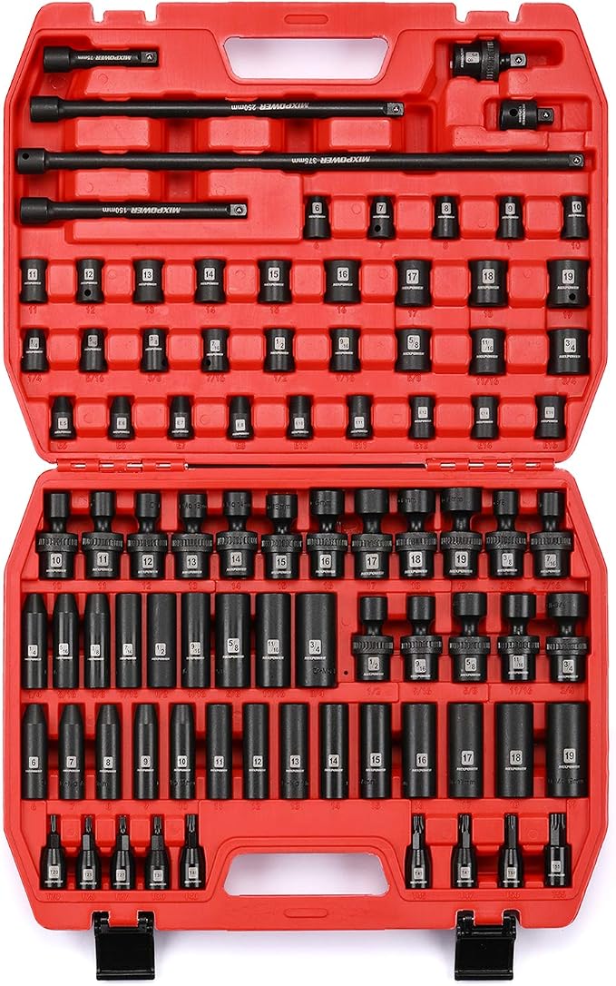 MIXPOWER 3/8'' Drive Master Impact Socket Set, 87-Piece Deep & Standard SAE and Metric,CR-MO, 1/4-Inch to 3/4-Inch and 6-19 mm, Impact Universal Sockets, Inverted Star Sockets, Extension Bar & Adapter