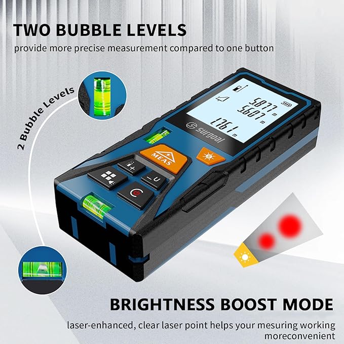 Laser Distance Meter Digital Laser Measuring Tool with LCD Backlit Display, Area Volume Pythagorean, ±2mm Accuracy, Class II, Electronic Tape Measure for DIY Construction – AAA Battery Powered
