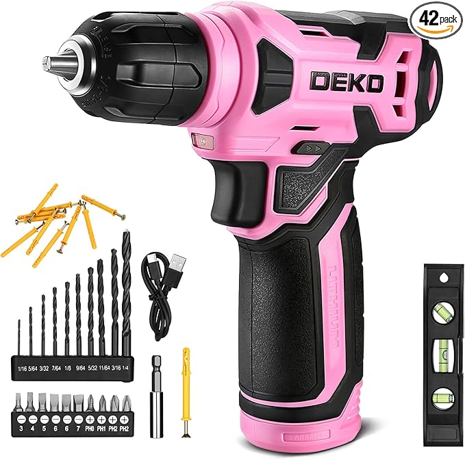 DEKOPRO 8V Cordless Drill, Drill Set with 3/8"Keyless Chuck, 42pcs Acessories, Built-in LED, Type-C Charge Cable, Pink Power Drills for Drilling and Tightening/Loosening Screws