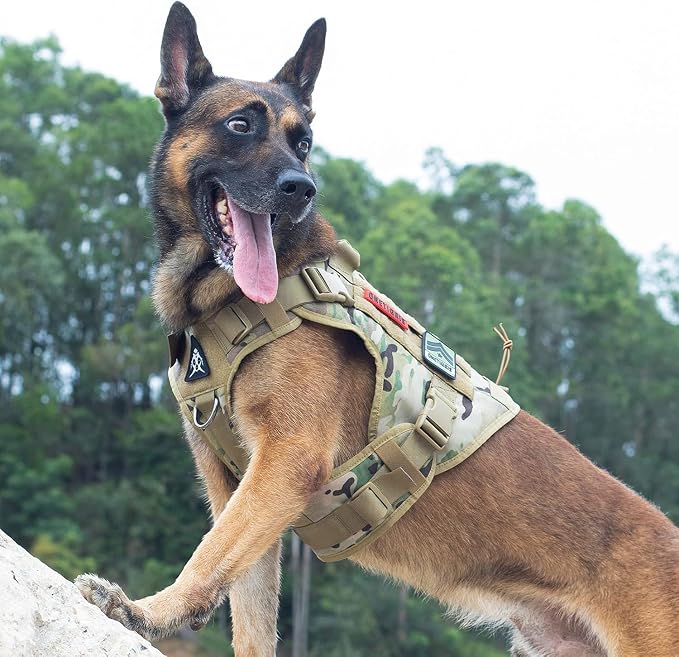 OneTigris Tactical Dog Harness with Handle Adjustable for Medium Large Dogs | Military 1000D Pullable Nylon, No-Pull Service Vest with Hook & Loop Panels, Easy On & Off for Walking Hiking Training Camo M