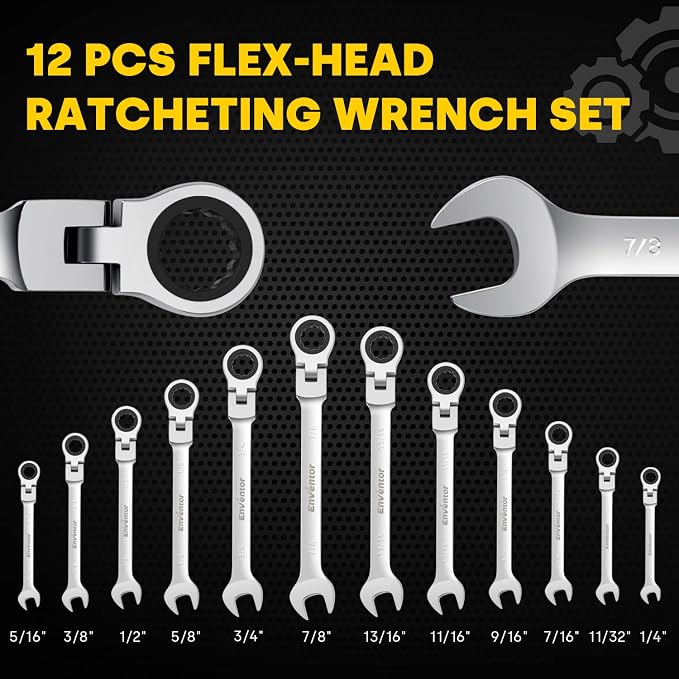 Enventor Ratcheting Wrench Set with 180° Flex Head, 12-Piece, SAE 1/4-7/8" | 72-tooth Ratchet, 5° Swing Arc, 12-point Box Ends, CR-V Steel, Slim Profile, Roll-up Pouch