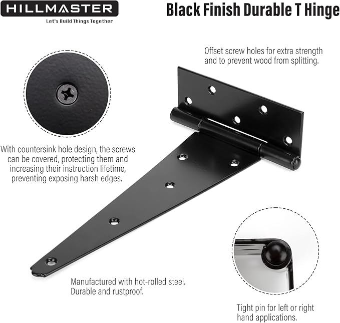 HILLMASTER 12 Inch T-Strap Heavy Duty Shed Door Hinges Gate Strap Hinges Black Tee Hinge Wrought Hardware for Wooden Fences,Yard,Barn Door,Rustproof (2 Pack)