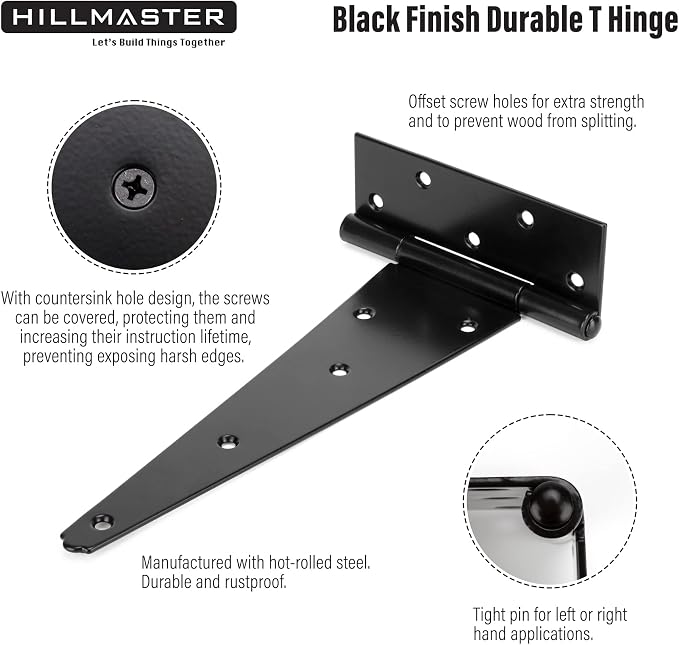 HILLMASTER 12 Inch T-Strap Heavy Duty Shed Door Hinges Gate Strap Hinges Black Tee Hinge Wrought Hardware for Wooden Fences,Yard,Barn Door,Rustproof (6 Pack)
