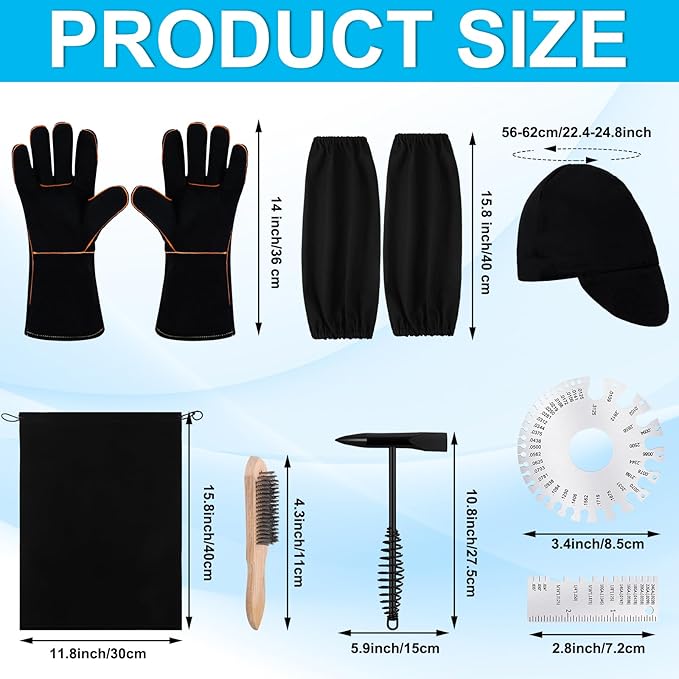 Kingdder 9 Pcs Welding Tools and Accessories Kit Chipping Hammer Hat Insulated Sleeves Gloves Wire Brush Thickness Gauges Marker Pen & Storage Bag Welding Slag Removal Kit for Starter and Beginner