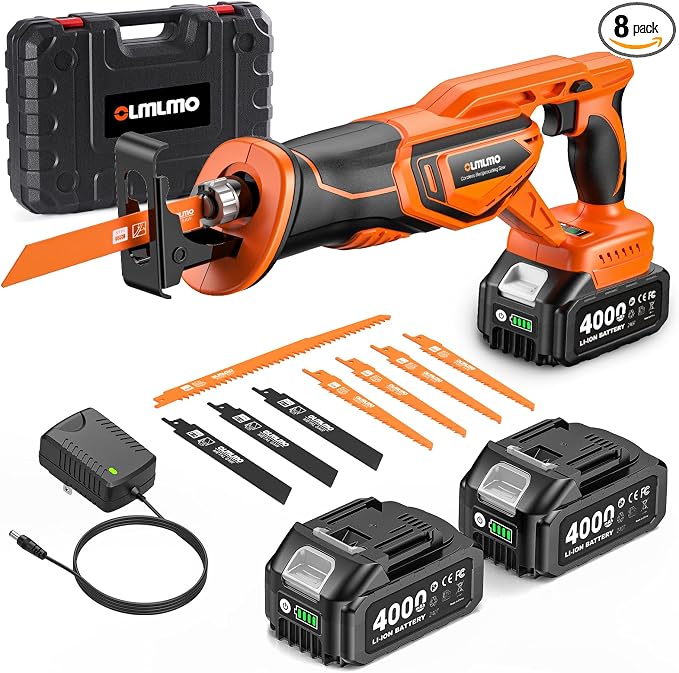 Reciprocating Saw Cordless with 8 Blades: 2 x 4.0Ah Battery, Brushless Motor 3300 RPM, Cordless Reciprocating Saw Kit for Wood PVC Metal Tree Bone Cutting DIY (Orange) | Come with 2pcs 4.0Ah Batteries & 8 Cutting Blades, 3300SPM, Perfect for DIY Cuttin...