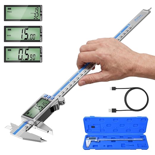 Preciva Digital Caliper 12 Inch, Rechargeable Stainless Steel Vernier Caliper with Large Display, Auto Off, Precision Inch/mm/Fraction Measuring Tool for DIY/Household/Woodworking