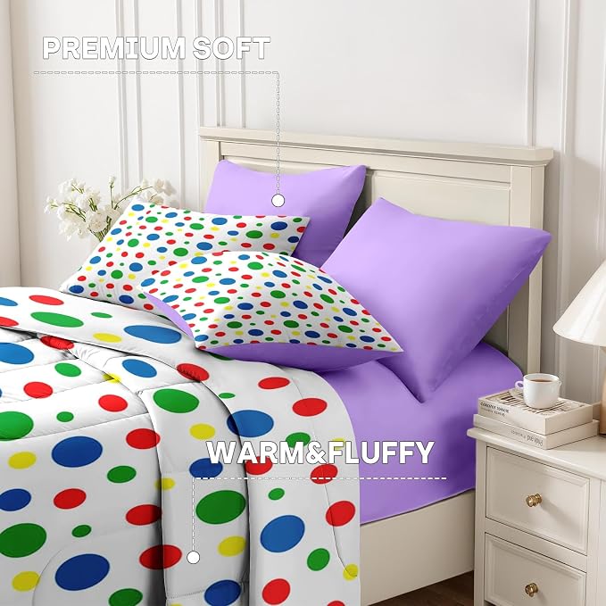 Nesker Comforter Set Twin Size, Rainbow Green Red 5 Pcs Bedding for Kids and Adults, Blue Yellow Polka Dot Bed Sheet Sets with Fitted Sheet Pillowcase & Sham